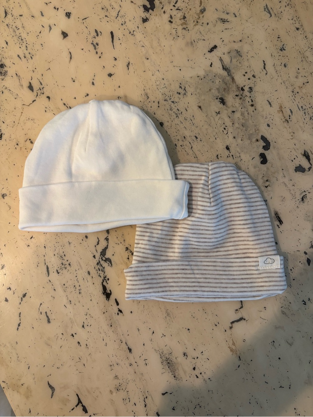 H&M White & Light Gray Striped Baby Beanie Duo